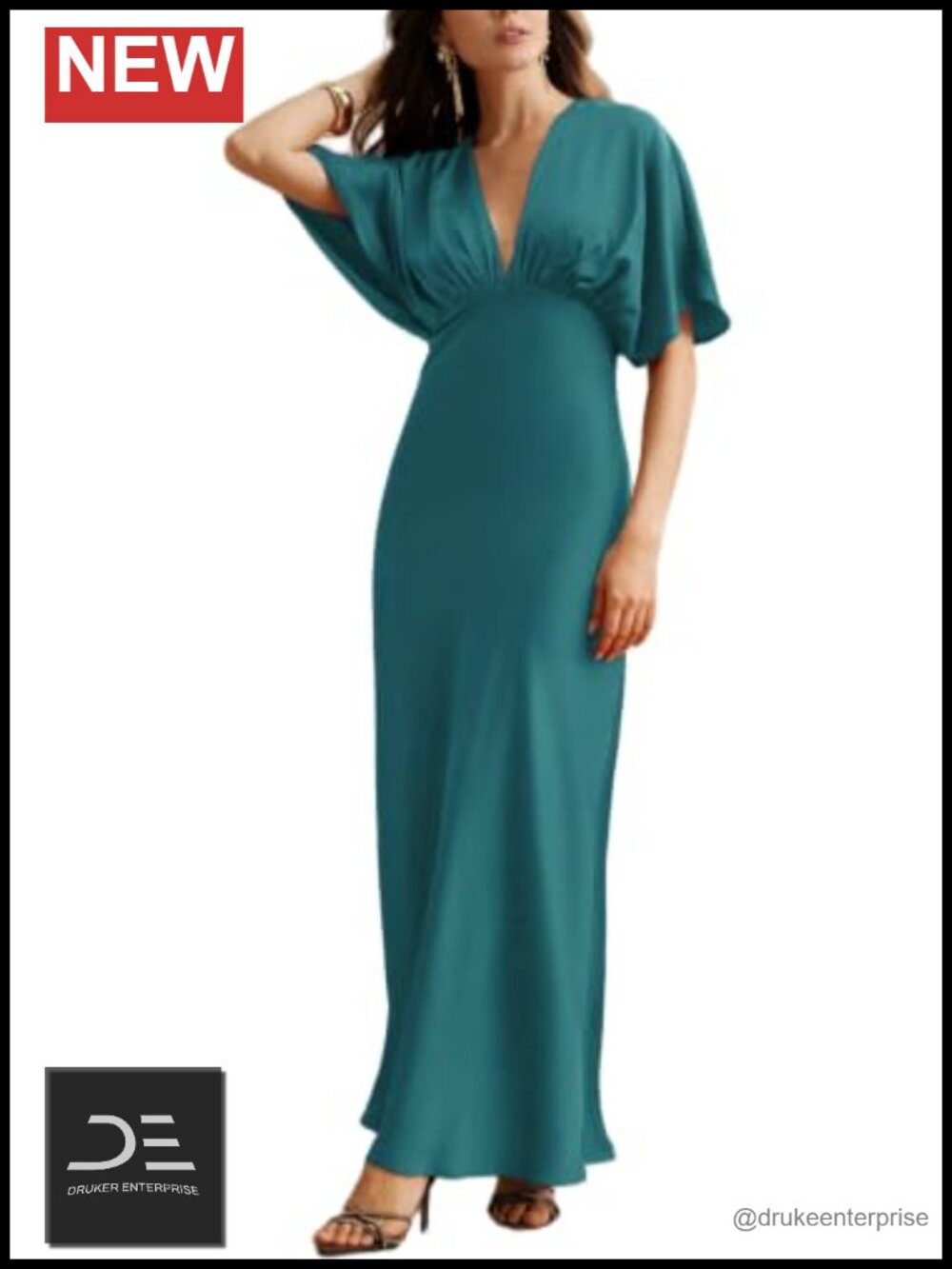 Satin Maxi Dress Deep V Neck Batwing Sleeve Ruched Formal Wedding Guest Gown
